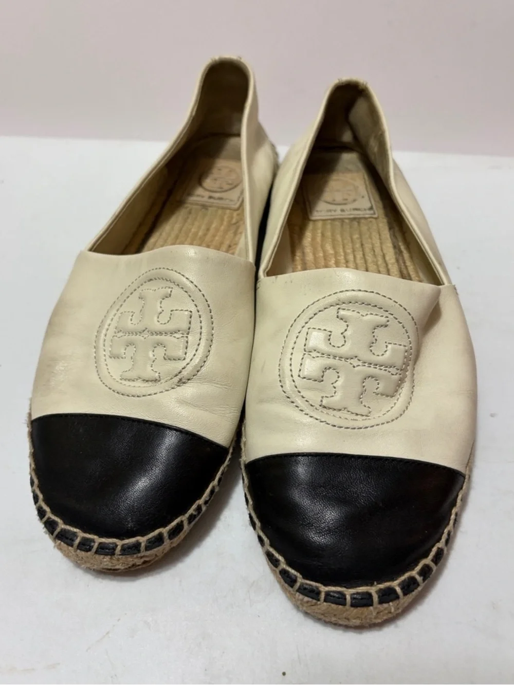 Tory Burch Cream Leather Espadrille with Black Cap Toe Sz 7.5  Women